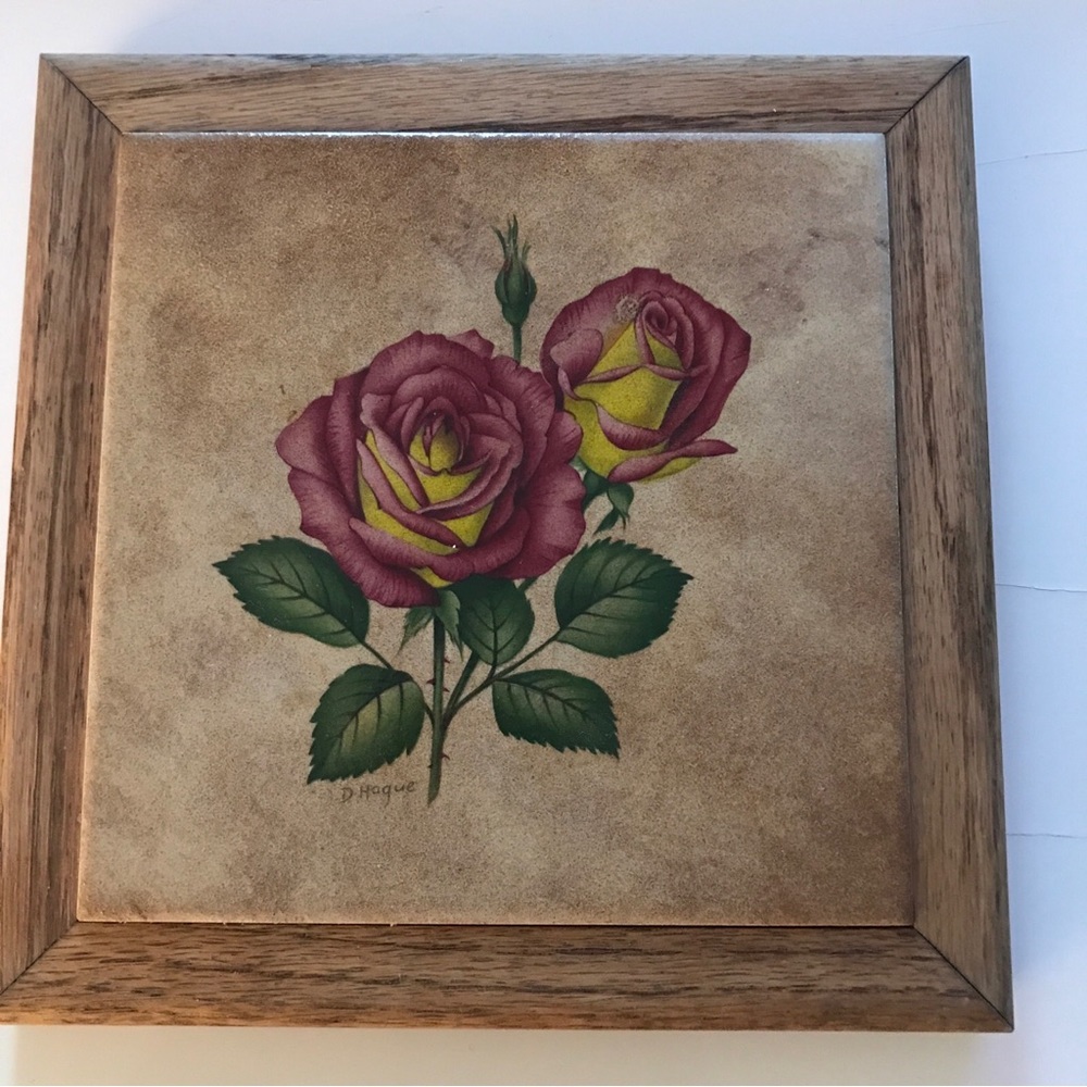 Vtg 1970s Italian Stone Oak Wood Trivet Hand Painted Rose flowers 7x7